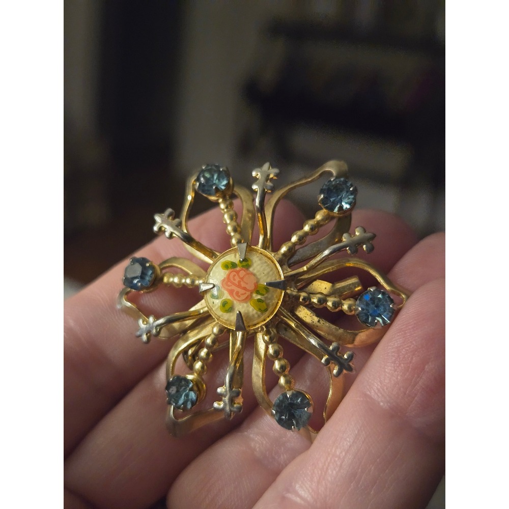 Filagree Guilloche Starburst Enamel Rhinestone Scatter Pin Brooch 50s Vintage